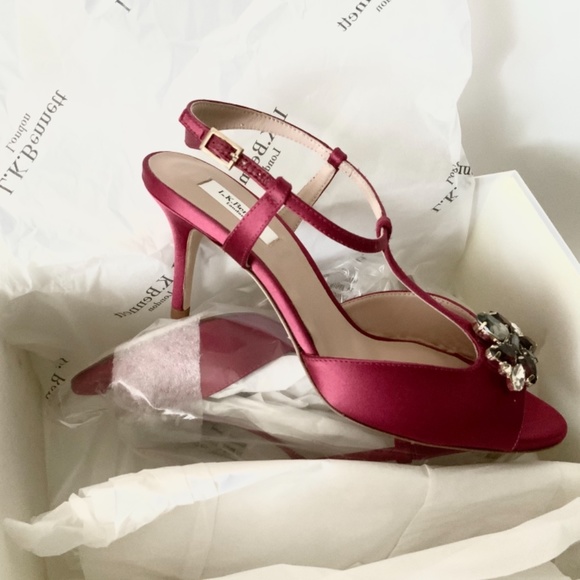 L.K.Bennett Yvette Red Embellished Stiletto Sandal Raspberry Satin Heel Pump - Picture 10 of 11